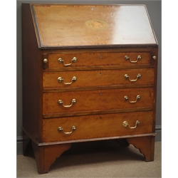  Early 20th century inlaid mahogany bureau, fall front enclosing fitted interior, four graduating drawers, bracket supports, W78cm, H99c, D41cm  