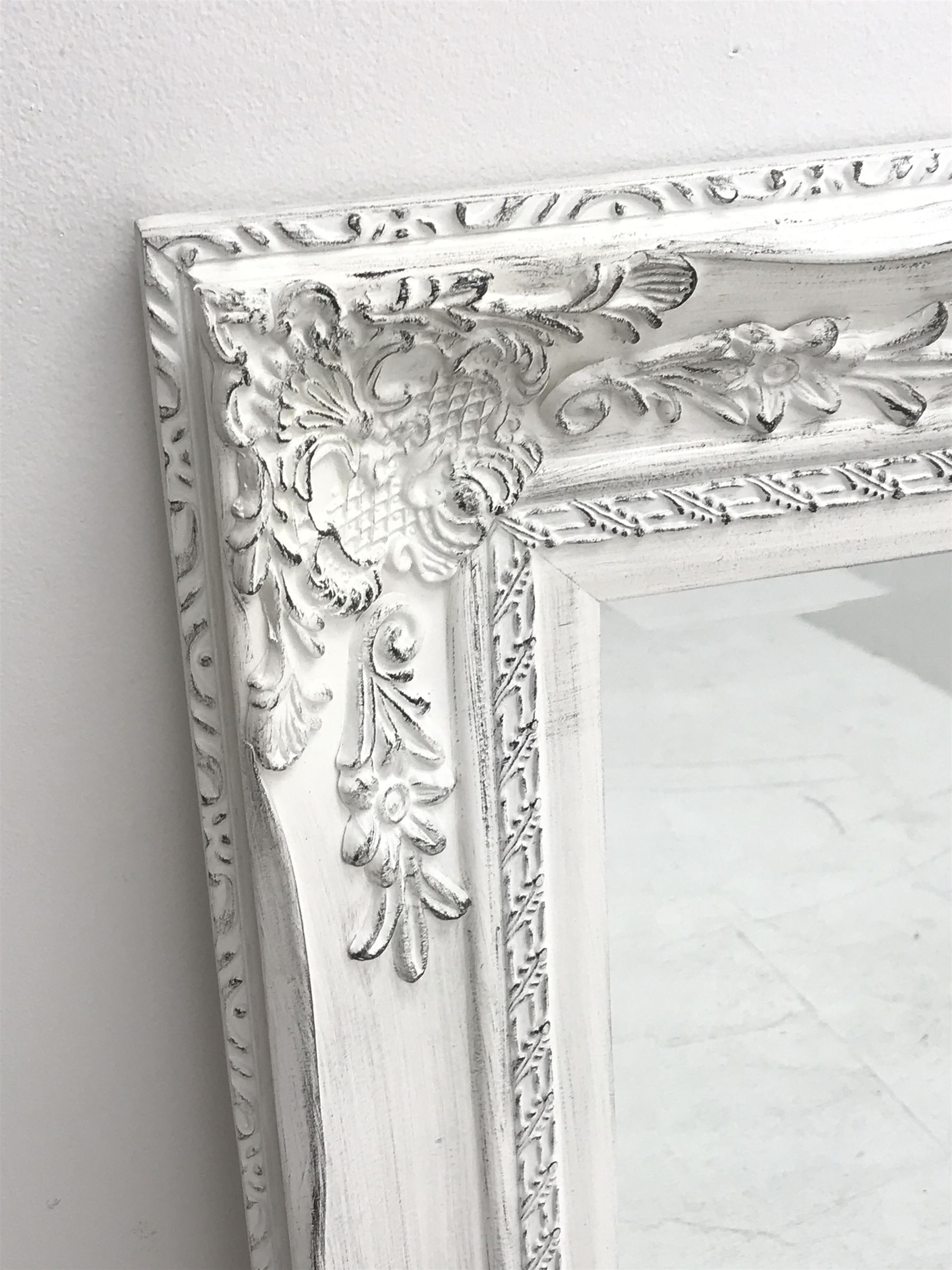*Rectangular ornate framed mirror, distressed white paint finish, bevelled plate, 75cm x 95cm