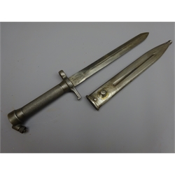  Replica Swedish Bayonet, 21.5cm blade stamped EJ AB with anchor, cross cut grip guard Cut Cross stamped I D/8 No.722, steel scabbard stamped 5/13 N=666, L35.5cm and two Indian Kukri knives with dot prick decorated blades and horn handles with lion pommels, in leather covered scabbards (3)  