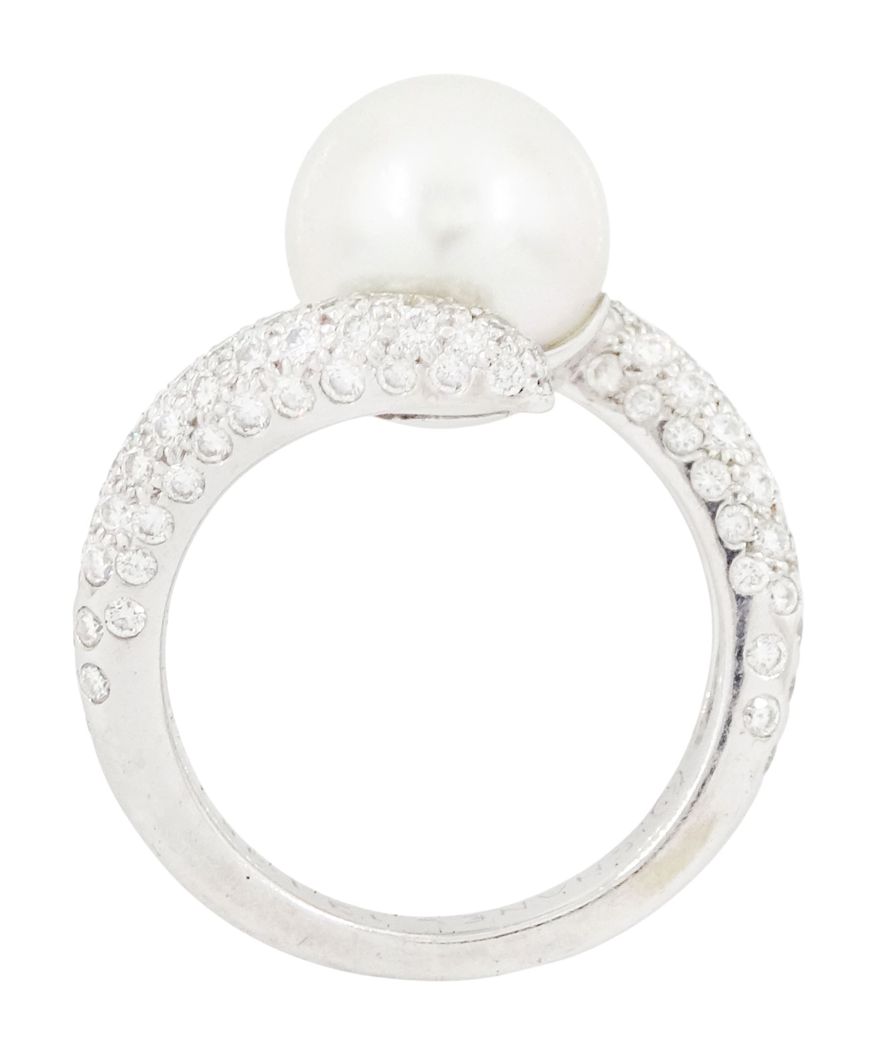 Chanel 18ct white gold pearl and diamond crossover ring, single cultured white / grey pearl, with pave set round brilliant cut diamond shoulders, hallmarked