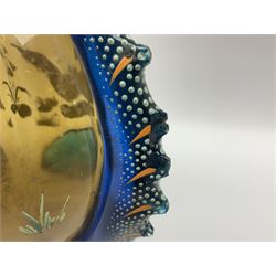 Pair of 19th century glass vases in the style of Auguste Jean, of bulbous form with lobed rim and applied blue glass zoomorphic handles, painted with enamel flowers, dragonflies and swans, upon four blue glass feet, H26cm