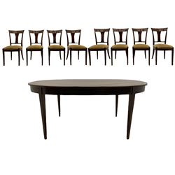 Grange Furniture - cherry wood finish oval extending dining table on square tapering supports, and a set of eight dining chairs with curved backs and upholstered seats 