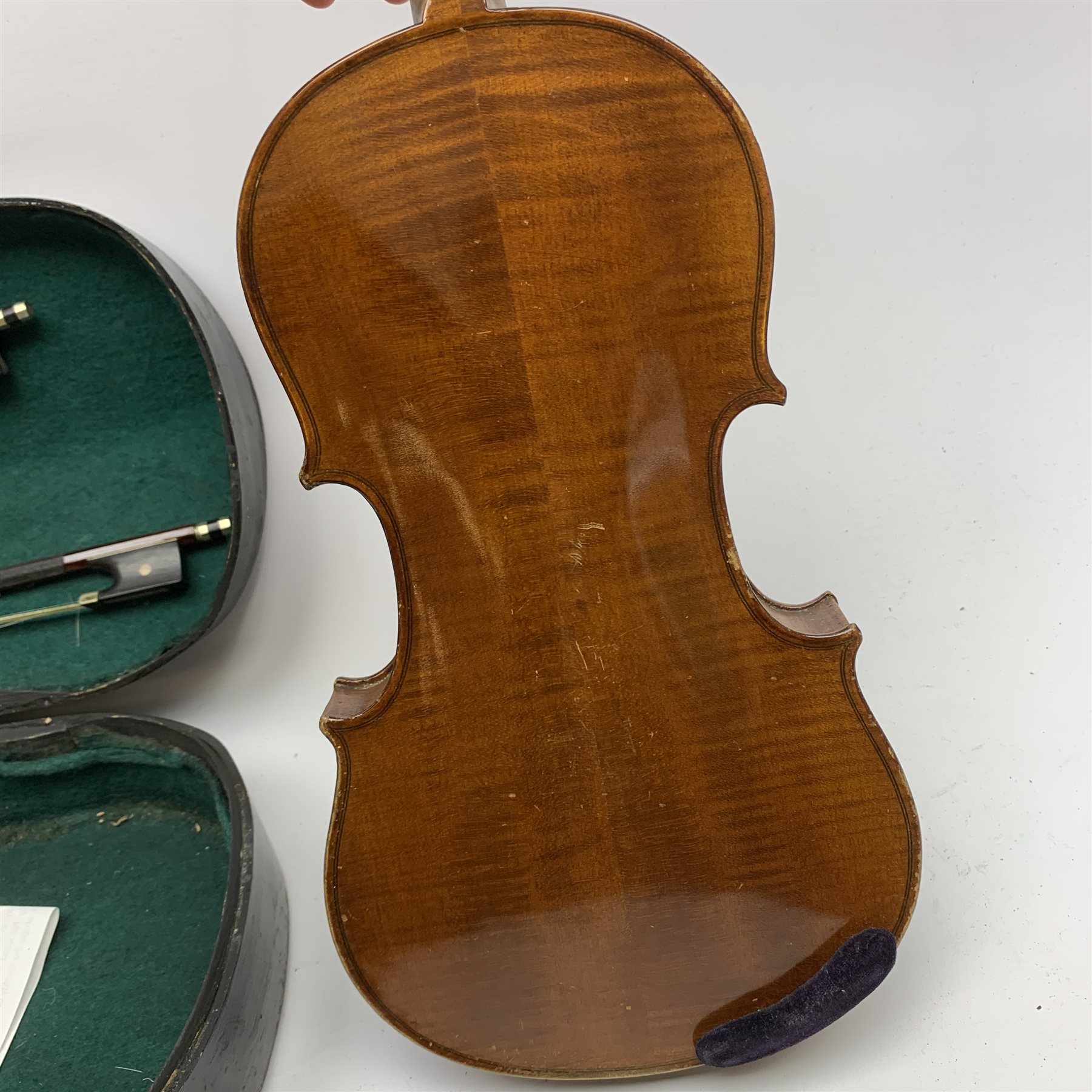 John Murdoch & Co. 'The Maidstone' three-quarter size violin with 33.5cm two-piece maple back and ribs and spruce top, bears label, 55cm overall, in original ebonised wooden 'coffin' case with two bows 