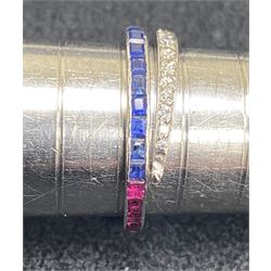 Platinum calibre cut ruby and sapphire and round diamond swivel ring