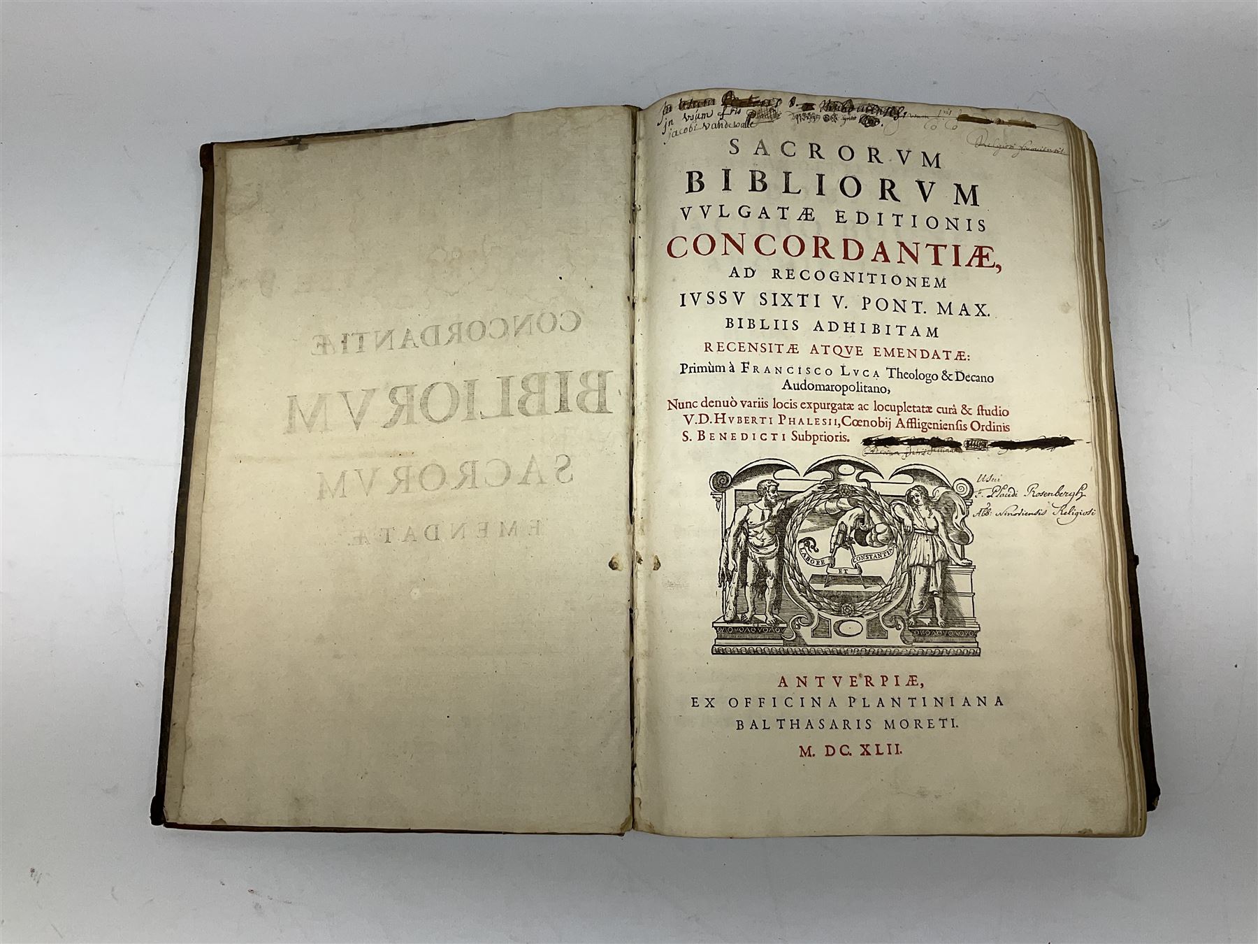 Ioanis Maldonati Sapharensis Societatis Jesu Theologi Commentarii In Quator Evangelistas .... Editio Postrema .... 1629 Paris Petri Billaine. Folio with later quarter leather binding; and Sacrorum Bibliorum Vulgatae Editionis Concordantiae Ad Recognitionem Iussu Sixti V. Pont. Max..... 1642 Antwerp. Folio quarter vellum with leather boards (2)