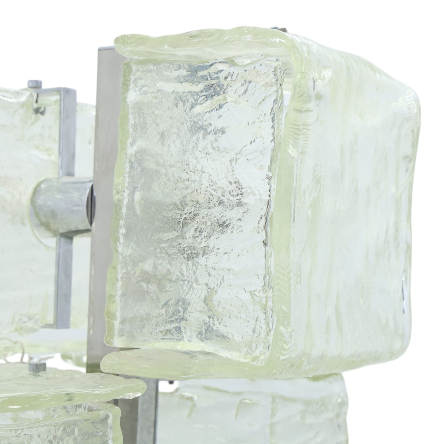 1970s modernist chrome standard lamp, fitted with six textured ice-glass cuboid shades arranged at differing heights, square-section stem on shaped marble plinth base