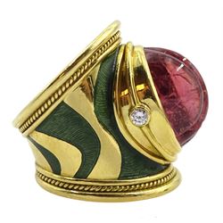 Elizabeth Gage 18ct gold tourmaline and diamond tapered Templar ring, the carved oval pink tourmaline cabochon with a round brilliant cut diamond set either side, the band featuring green guilloche enamel and the edges finished with wire-twist-wire decoration, London 1994, in original box