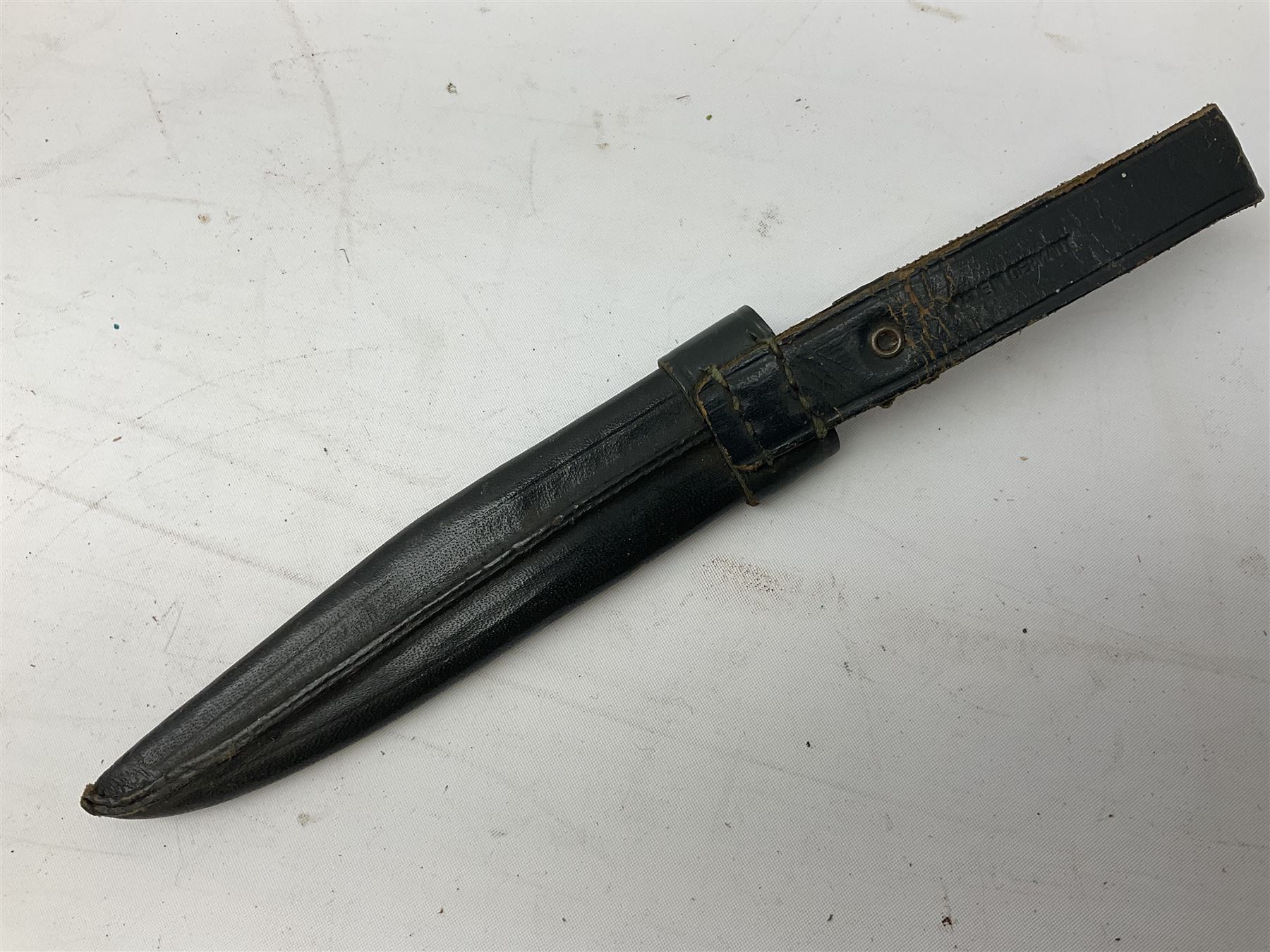 German ERN Wald-Solingen Art Deco style hunting knife with 13cm Bowie type blade and chrome fittings with antler grip; in leather sheath L24.5cm overall; and Bianchi Rastignano Aeronautica Militare combat knife with 15.5cm Bowie type saw-back blade and stacked leather grip (2)