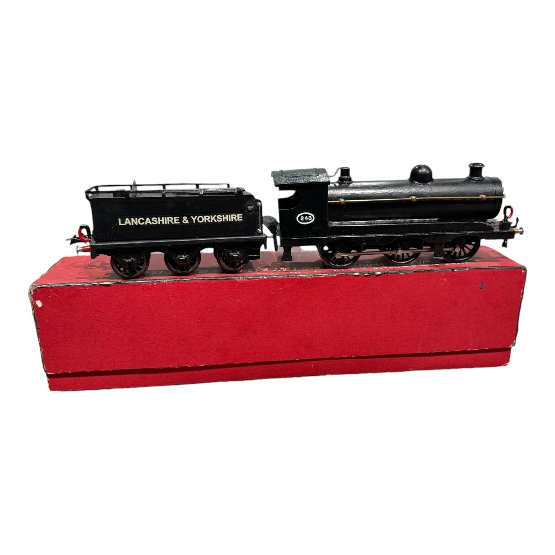 Scratch-built 0 gauge Lancashire & Yorkshire 0-6-0 locomotive no. 243, with tender, in black livery,  built using mostly Hornby parts