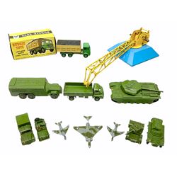 Dinky - seven unboxed and playworn die-cast military vehicles including Centurion Tank No.651, Armoured Command Vehicle No.677, 3-Ton Army Wagon No.621, Army 1-Ton Cargo Truck No.641, Armoured Car No.670 etc; Goods Yard Crane No.752; Gloster Javelin and two Supermarine Swift aircraft; together with Budgie Toys Leyland Hippo Coal Truck, boxed with paperwork (12)