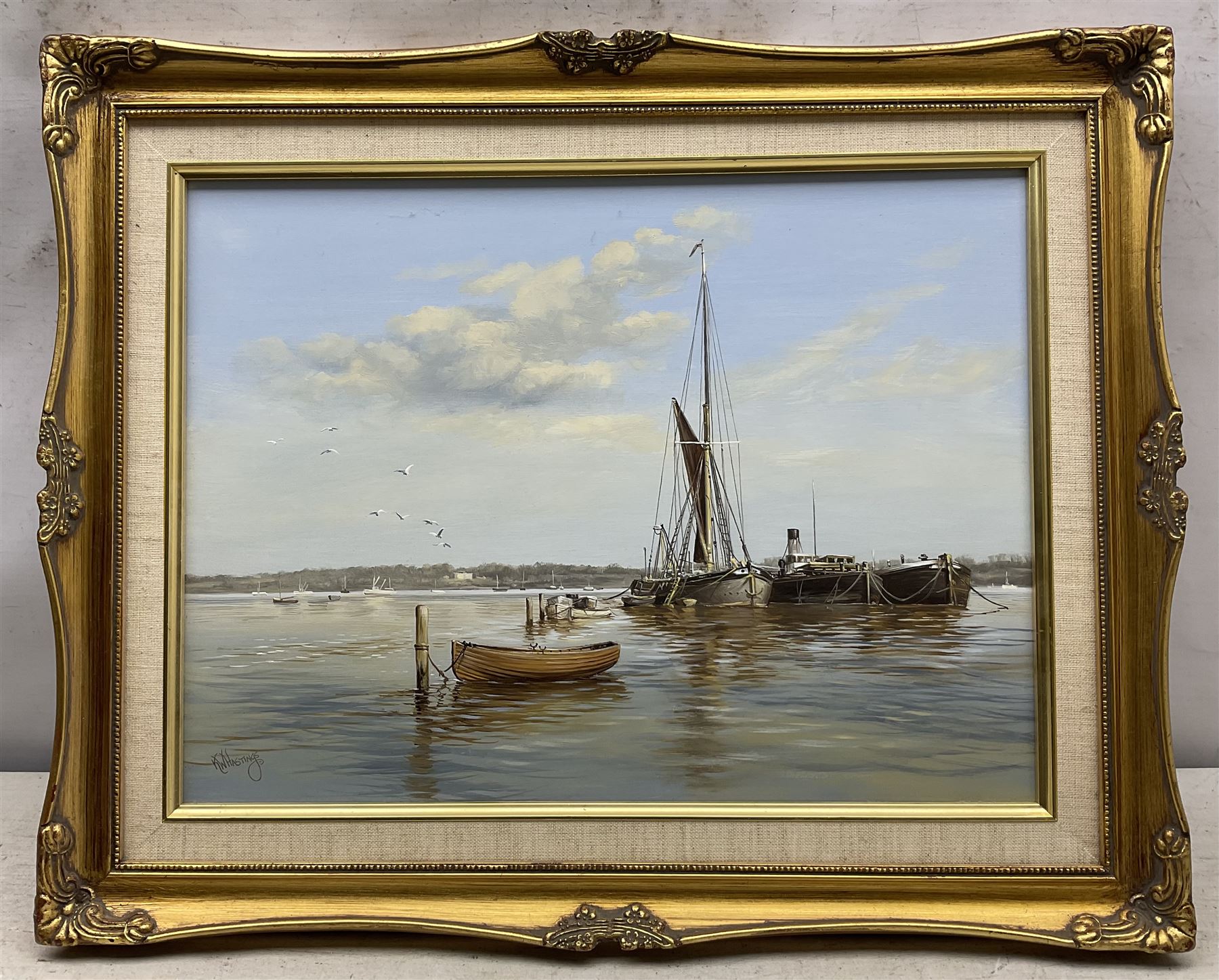 Keith W Hastings (British 1948-): 'Boats and Barges', oil on board signed, titled verso 29cm x 39cm 