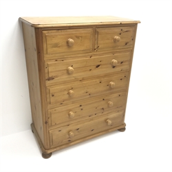  Solid pine chest, two short and four long drawers, bun feet, W91cm, H111cm, D45cm  