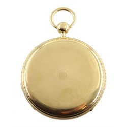 18ct gold open face key wound quarter repeating Swiss lever pocket watch by Garni en Pierre, No. 5090, the gold dust cover inscribed 'Echappement Libre a Ancre', plunge repeat in the pendant, silver engine turned dial with Roman numerals and subsidiary seconds dial
