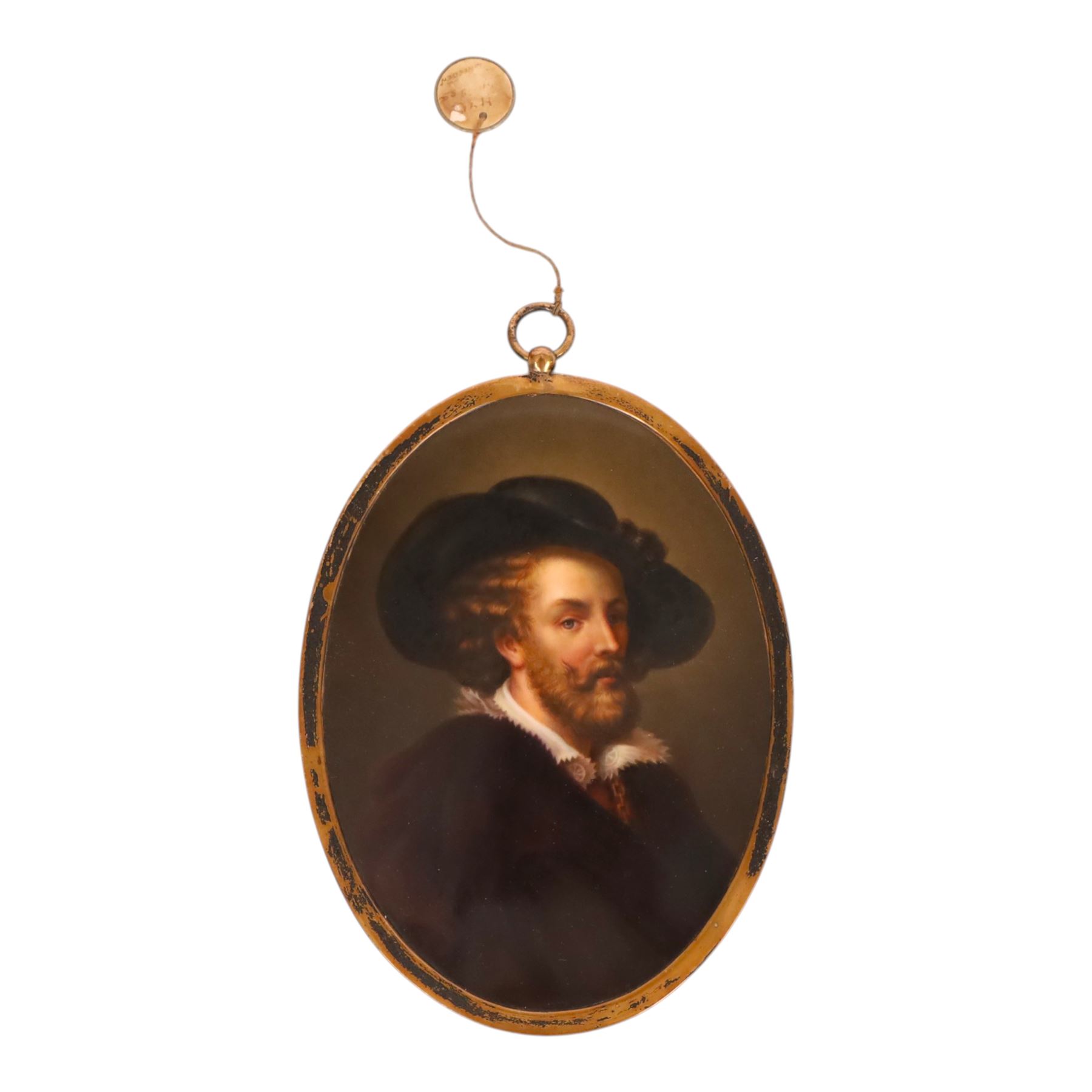 After Sir Peter Paul Rubens (Flemish 1577-1640): Self Portrait of the Artist, 19th century Dresden painted porcelain plaque, in a silver gilt frame, inscribed indistinctly verso and with impressed marks B and M, including frame 18cm x 14cm