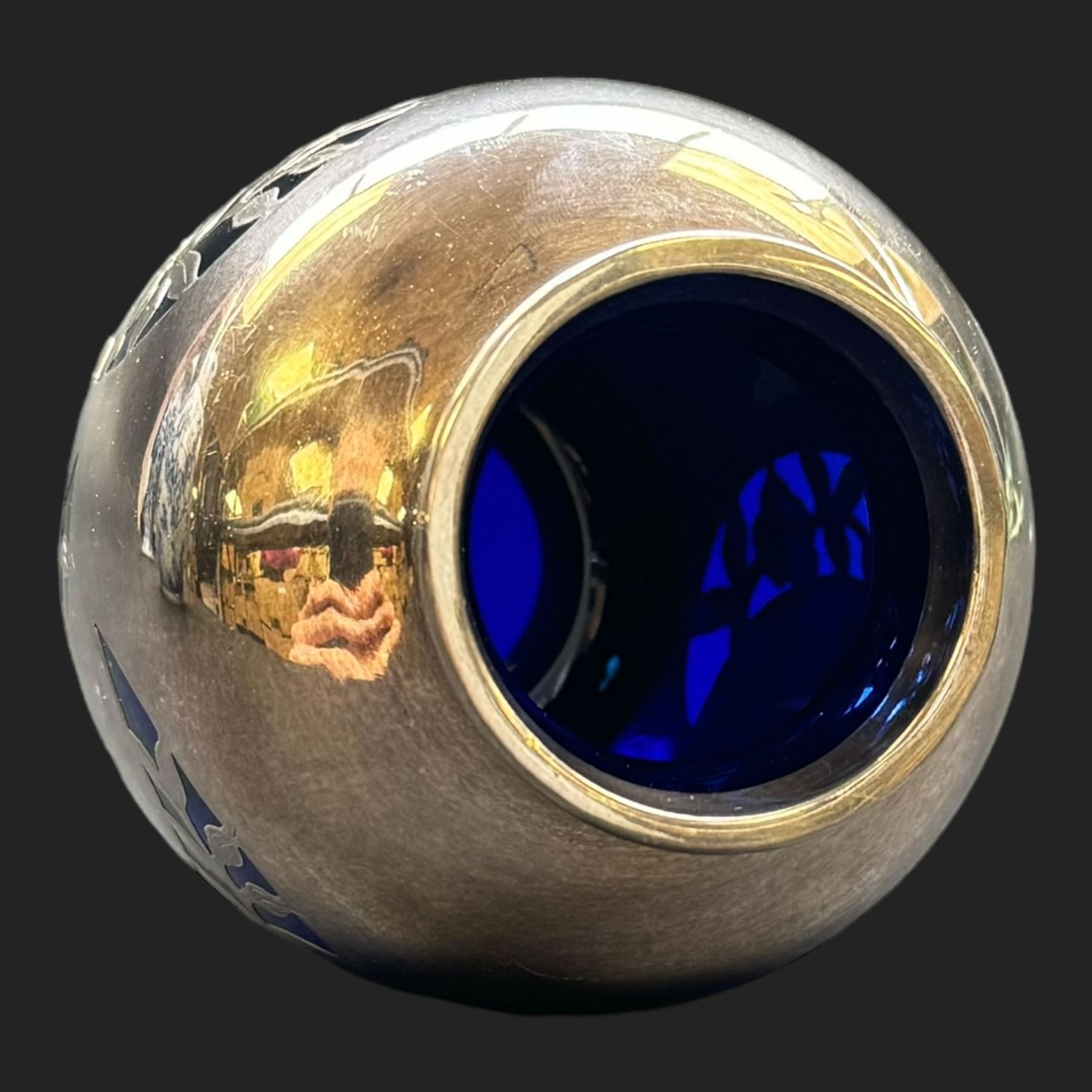 20th century Friedrich Spahr blue glass vase, decorated in silver overlay with stylised flowers in crescent moons, marked Spahr 1000/10, H11cm  