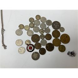 Coins and medallions including Queen Victoria 1889 crown, 1890 shilling, 1899 threepence, King George V 1935 crown, 2008 five pound coin in card folder, various other coins, East Riding Amateur League hallmarked silver fob 'Senior Cup 1926-27', The St John Ambulance Association fob and other similar items 