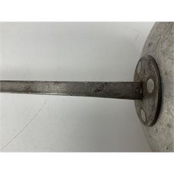 Late Victorian British Military gymnasium practice sword with 85.5cm fullered blunt pointed narrow straight blade, pierced bowl guard and chequered wooden grip L103cm overall; Leon Paul fencing foil with shaped grip and touche wiring; and two reproduction Indian tulwar swords with scabbards (4)