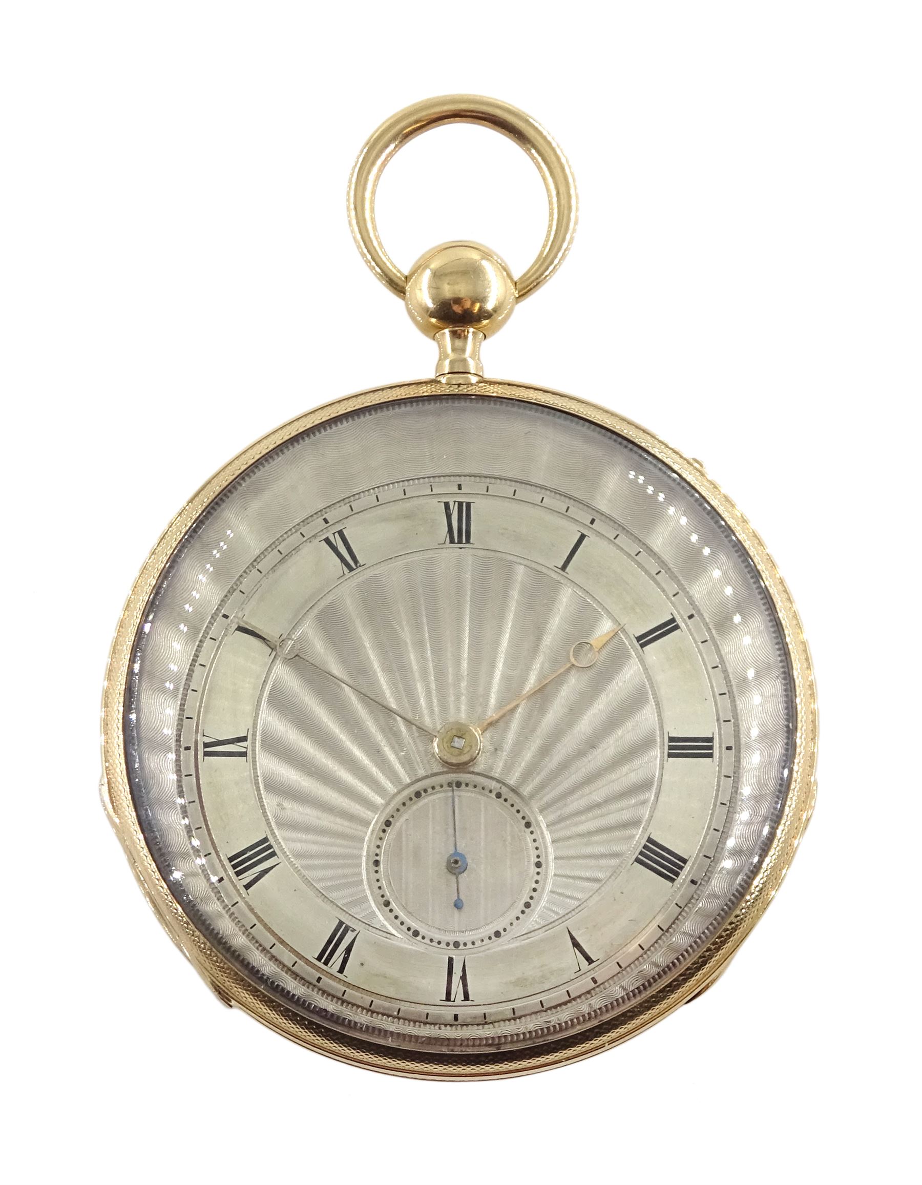 18ct gold open face key wound quarter repeating Swiss lever pocket watch by Garni en Pierre, No. 5090, the gold dust cover inscribed 'Echappement Libre a Ancre', plunge repeat in the pendant, silver engine turned dial with Roman numerals and subsidiary seconds dial