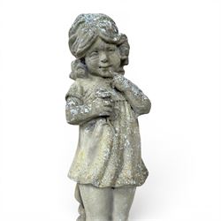 Collection of decorative cast stone garden pieces, comprising three graces bird bath, three urn planters, urn base, figure of girl and a Scottie dog (7)