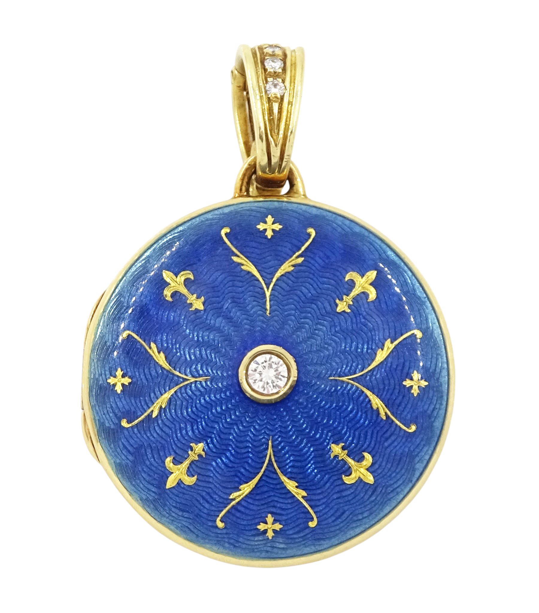 Victor Mayer for Fabergé 18ct gold pendant, guilloche blue enamel circular locket set with a single round brilliant, with a diamond set bail, stamped 750, boxed with certificate