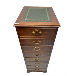 Figured walnut filing cabinet, the moulded top with leather inset, fitted with four drawers, on bracket feet
