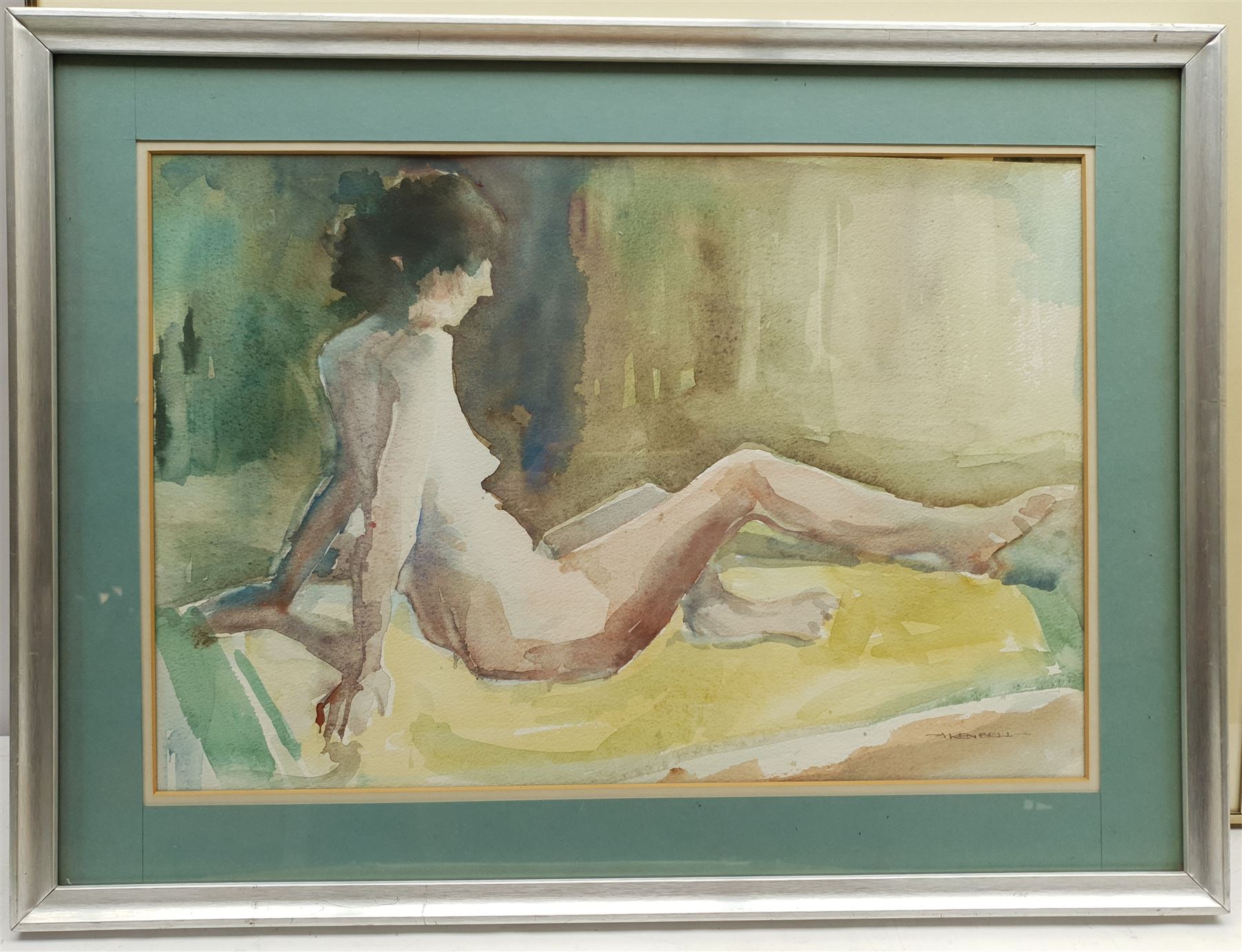 S L Turnbull (British early 20th century): 'A View on Wadsley Common Sheffield', watercolour signed, titled verso; Ken Bell (British Contemporary): Reclining Nude, watercolour signed; R Carmichael: 'The Chapel of the English Convent Bruges', watercolour signed, titled verso; together with two landscape watercolour vignettes indistinctly signed, max 49cm x 65cm (5)