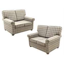 Peter Silk of Helmsley - Pair two seat settees upholstered in chequered fabric, on turned feet, W130cm, H92cm