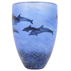 Malcom Sutcliffe studio glass vase, decorated with dolphins, signed to base, H14cm