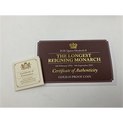 Queen Elizabeth II Bailiwick of Jersey 2015 'H.M. Queen Elizabeth II The Longest Reigning Monarch' gold proof five pound coin, cased with certificate
