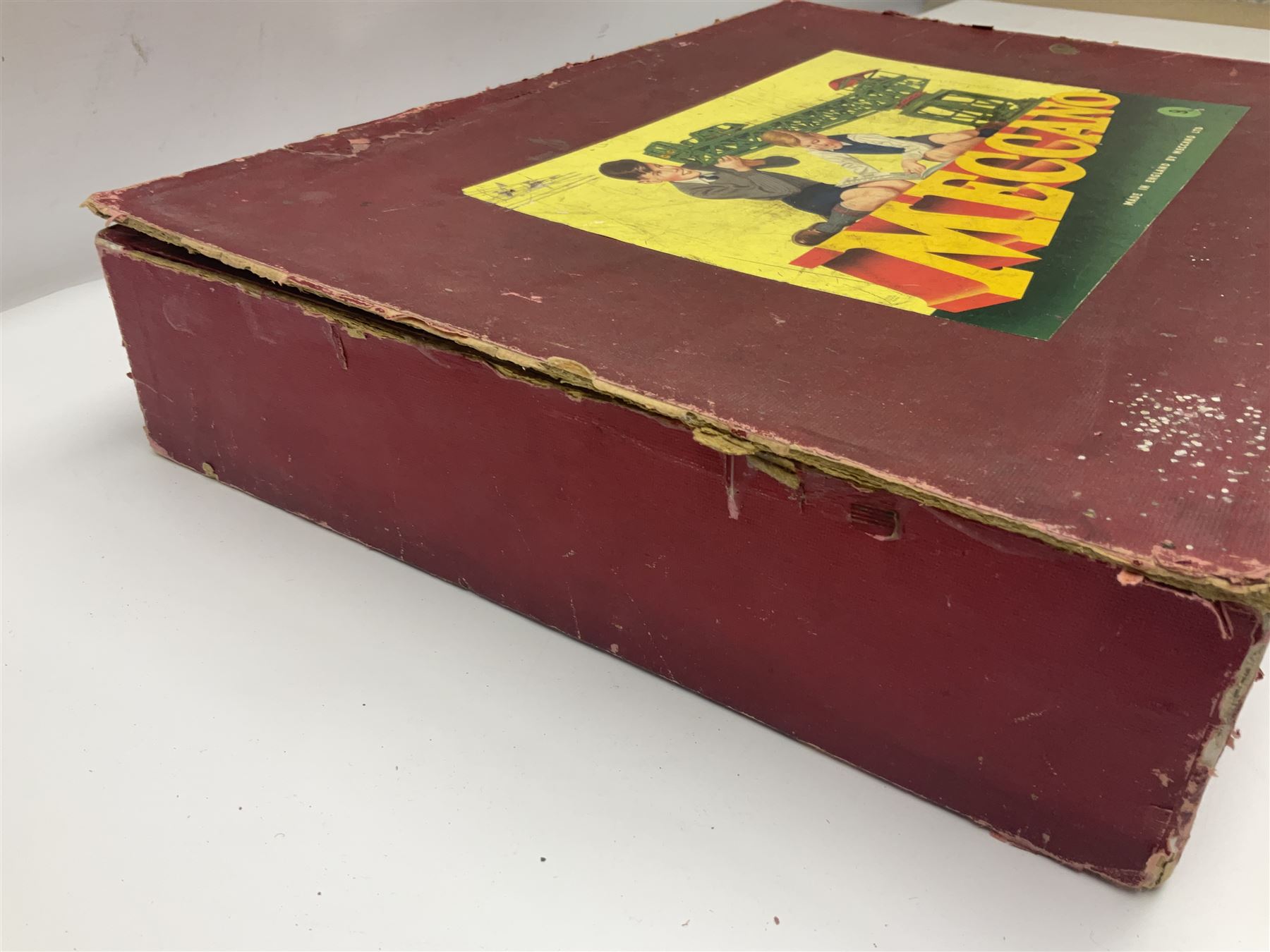 Meccano Outfit No.9 - with good quantity of red and green plates, strips, wheels, brackets, trunnions, tyres, cylinders etc; original box with lift-out tray and instruction manual