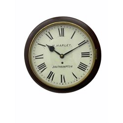 Wall clock with a 12-inch dial and spun brass bezel, flat glass, white painted dial with Roman numerals and minute track, steel spade hands, dial inscribed “H Harley Southampton”, English spring driven eight-day fusee movement with chain, mahogany coloured case, 15-inch dial surround attached to the case with wooden pegs, side movement door and pendulum regulation door.
With Pendulum.
