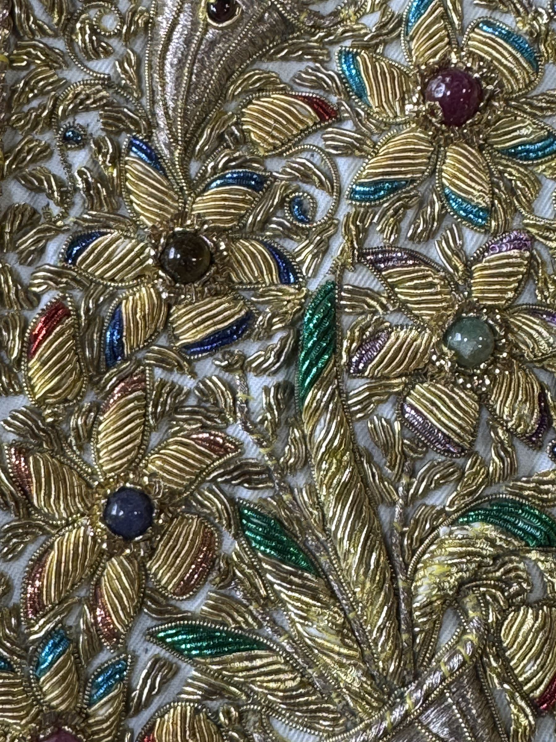 20th century large Zardozi wall hanging, hand embroidered in gold thread on black velvet ground with semi-precious stones and central medallion  149x93cm