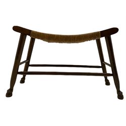 20th century stained beech stool with dished rush seat, on cabriole supports joined by stretchers