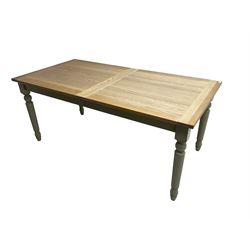 Neptune - 'Suffolk' 8-12 seat extending dining table, rectangular oak with breadboarded ends, on light grey finish base with turned supports, three additional leaves