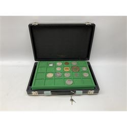 Coins and medallions including, York 1811 one shilling cattle and barber silver token, United States of America 1883O silver Morgan dollar, birds of destiny medal by Malcolm Appleby, Great British King George V 1930 halfcrown, King Edward VII 1902 silver medal, King George V 1916 halfcrown etc, housed in a case with lift out green coin trays