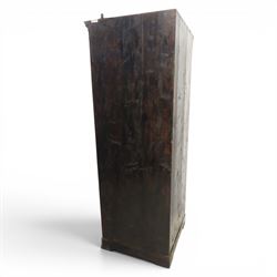 Edwardian inlaid mahogany cylindrical corner hall-robe, projecting cornice, figured veneer and crossbanded door, enclosing hanging hooks and shelf, raised on a plinth base with bracket feet