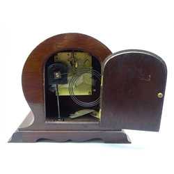  Edwardian mahogany mantel Clock, balloon shaped case outlined with banding, brass bezel with circular Roman dial, twin train movement striking the half hours on a coil, H26cm  