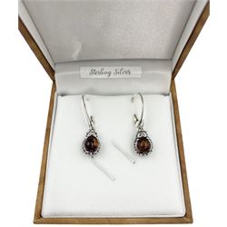 Pair of silver Baltic amber hedgehog pendant earrings, stamped 925 and boxed