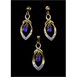 Pair of 9ct gold amethyst and diamond pendant earrings and matching pendant, hallmarked