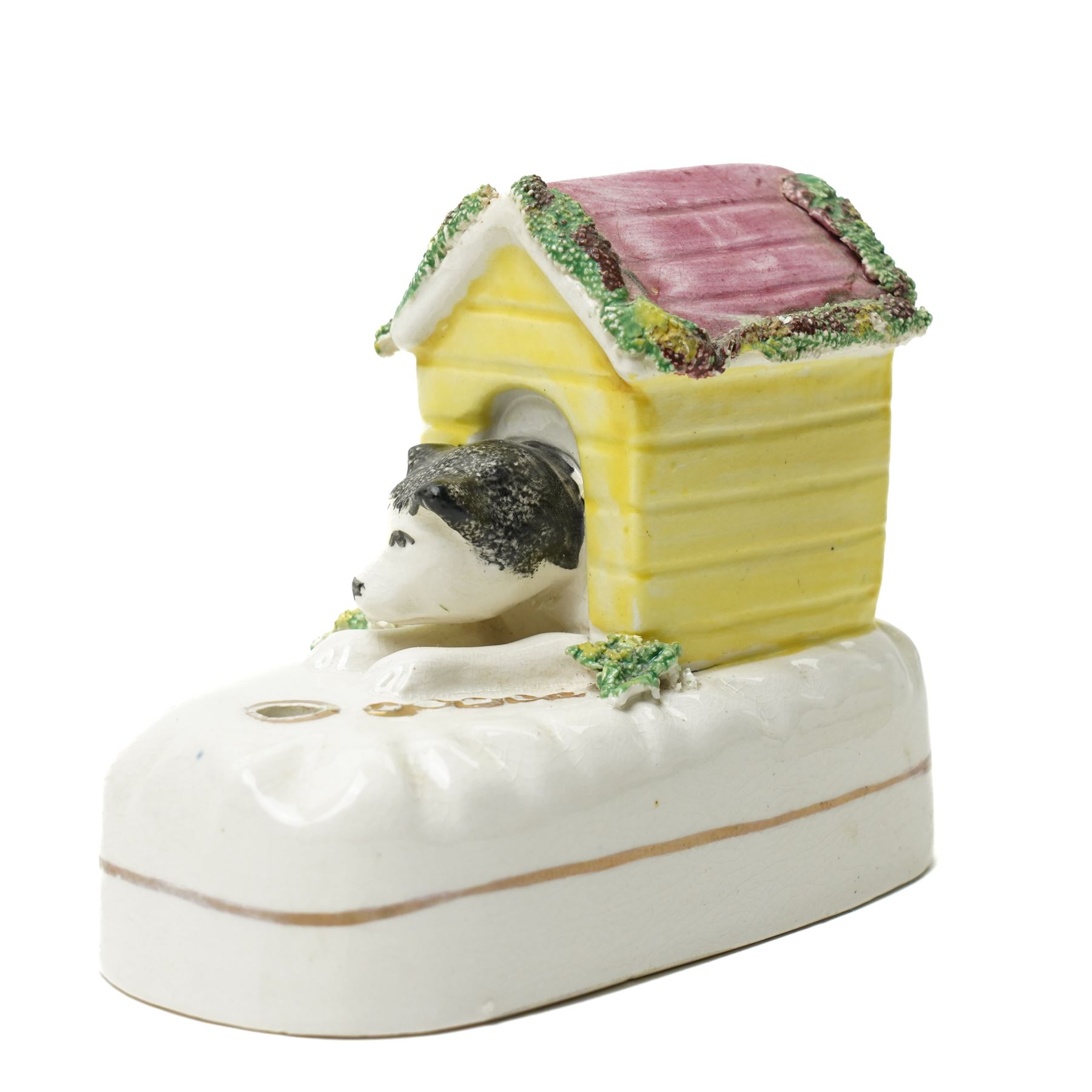 Pair of late 19th century Staffordshire pen holders, modelled as dogs in kennels, W9.5cm