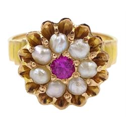 Gold pink stone and split pearl flower cluster ring, with stepped design shoulders 