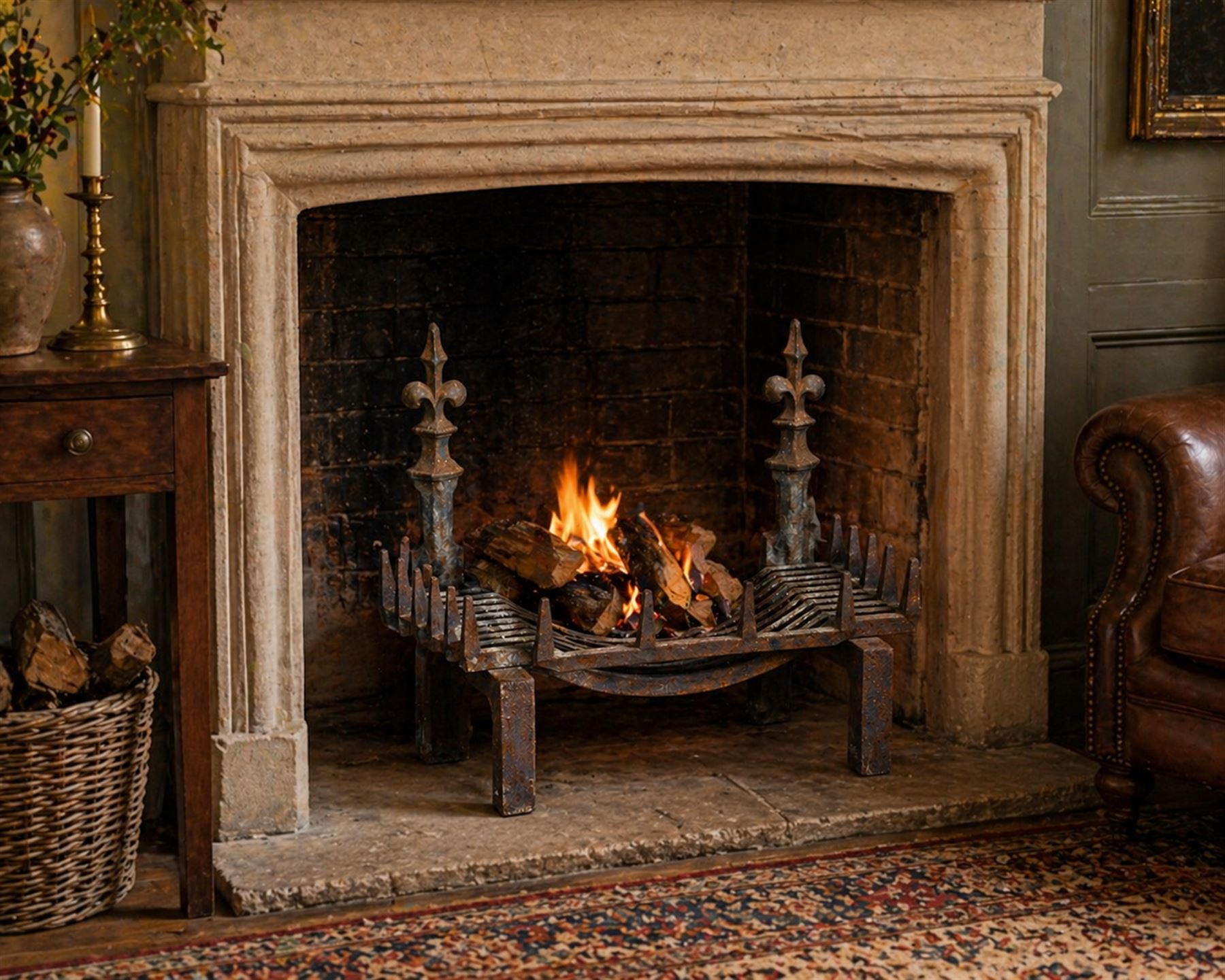 Victorian design cast iron fire grate with fire dogs, final over floral moulding and trefoil base