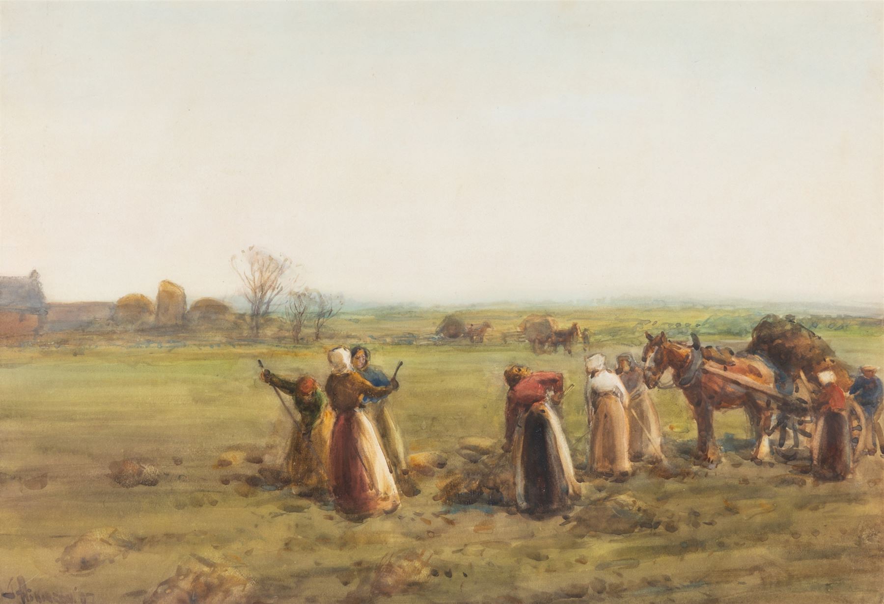 John Atkinson (Staithes Group 1863-1924): 'The Gleaners', watercolour signed 37cm x 53cm