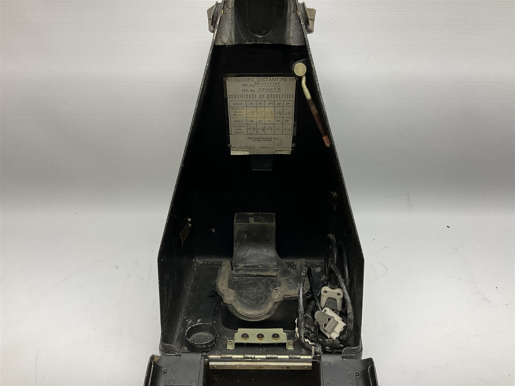 Air Ministry Periscopic Sextant Mk.2B, possibly by Kelvin & Hughes, Ref.No. 6B/2838 Serial No. 158KH1/59, bearing Fenns (Farnborough) Ltd label; in black pyramid shaped stowage case with various labels