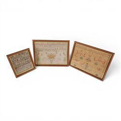 Late 19th early alphabet cross stitch sampler by E Wells age 13, together with two others 
