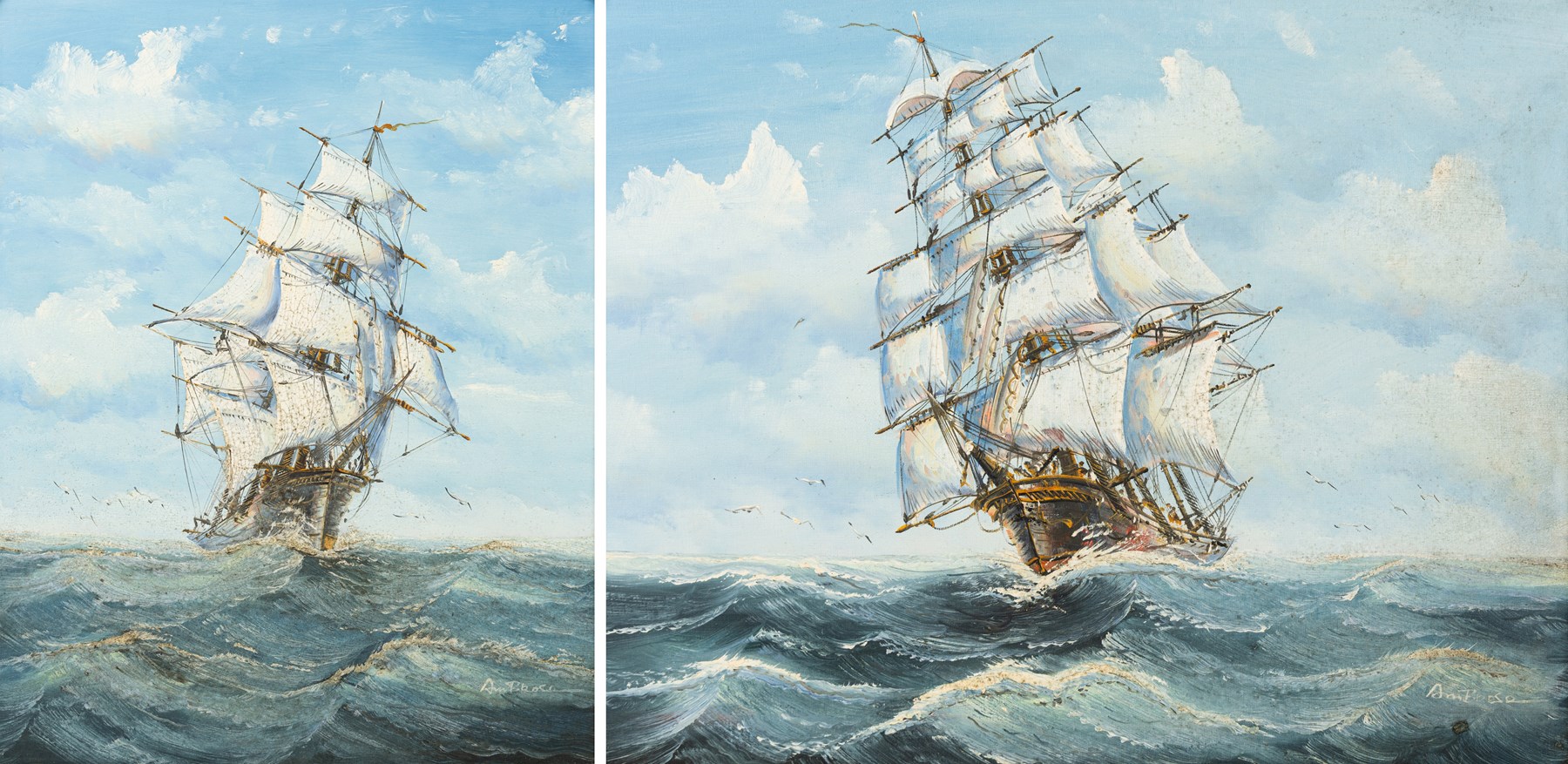 John Ambrose (Cornish 1931-2010): Ships in Full Sail, pair of oils on board signed 49cm x 39cm (2)