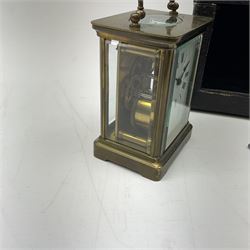 Early 20th century brass and bevelled glass carriage timepiece clock, white enamel Roman dial, single train driven eight day movement, with leather case