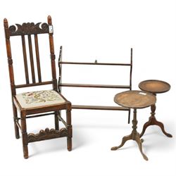 19th century Carolean design oak hall chair with tapestry seat; two Georgian design tripod tables; mahogany shelf (4)