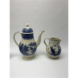 Early 19th century blue and white pearlware chestnut basket, with twin handles and reticulated sides, the interior decorated in the Long Bridge pattern, L21cm, together with an early 19th century blue and white coffee pot decorated in a Willow type variant, H22.5cm, and a Leeds creamware jug, with entwined handle and decorated with a pagoda, H13.5cm
