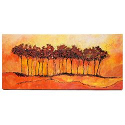 Ann Lamb (British 1955-): Tree Line, mixed media signed 37.5cm x 81.5cm (unframed)